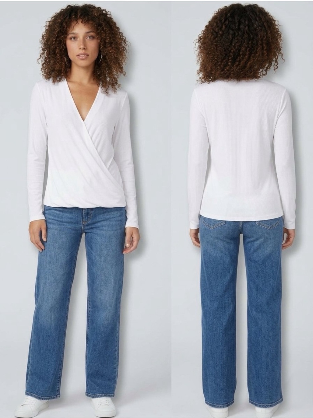 NWT Bobi Los Angeles White Ribbed Surplice Long Sleeve Wrap Front Top Medium